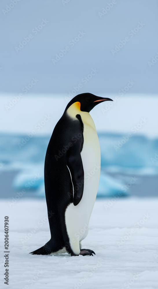 Obraz premium Emperor penguin standing on ice in Antarctica. Polar animal in natural habitat. Wildlife photography showcasing majestic creature in frozen wilderness. Wilderness conservation concept.
