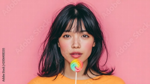 Young woman with dark hair holding a colorful lollipop against a pink background.