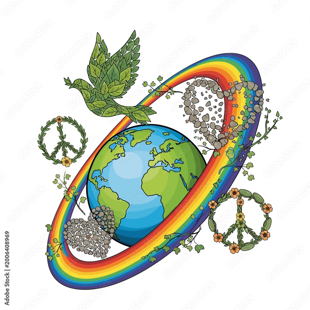 Obraz premium Earth Symbolizes Peace and Unity with Rainbow and Dove Elements