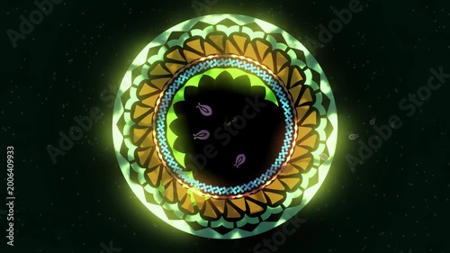 Intricate Mandala Design Against a Starry Sky, Colorful Mandala, A vibrant and detailed mandala design with concentric layers of green, yellow, and orange hues.