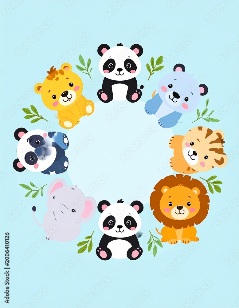 Fototapeta premium Süße Tierbabys im Kreis – Panda, Elefant und Löwe Illustration