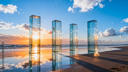 Four transparent glass pillar artworks stand on a wet coastal beach at sunset, with their reflections mirrored in the shallow tidal water under a cloudy blue sky.