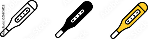 Set of 3 Digital Thermometer Icons - Fever Temperature and Medical Checkup Symbols in Outline Solid and Yellow Styles