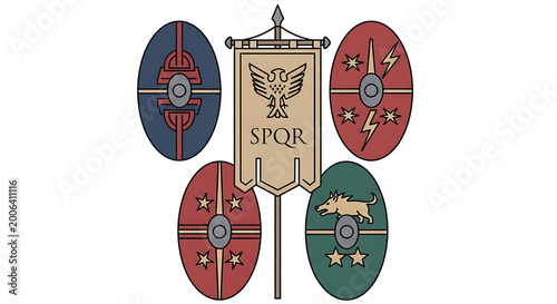 Ancient Roman military symbols, scutum shields with SPQR banner, eagle emblem, depicting historical warfare and legionary standards, graphic illustration