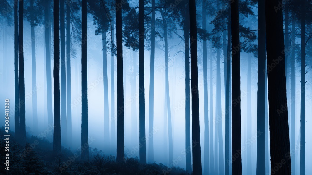 Obraz premium Dreamlike blue forest with towering tree silhouettes emerging from a thick, enchanting mist