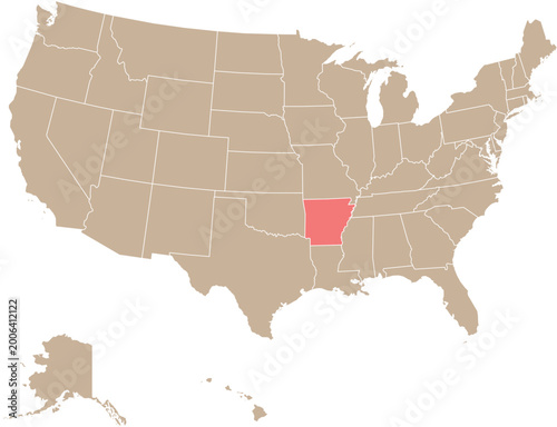 Schilderij op canvas State of Arkansas Location Highlighted on Map of USA with Political State Bounda