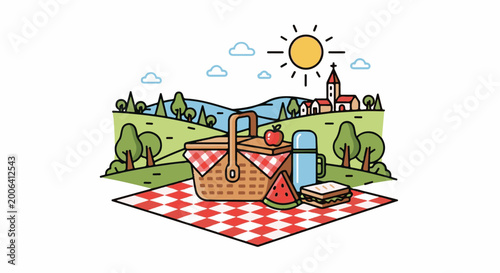 A bright sunny day picnic spread on a checkered blanket in a scenic landscape