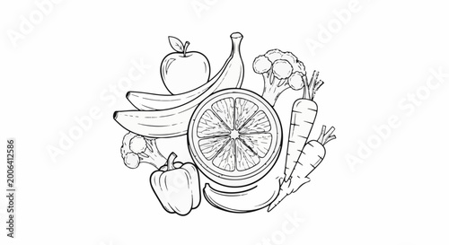 A black and white line drawing of various fruits and vegetables arranged in a cluster