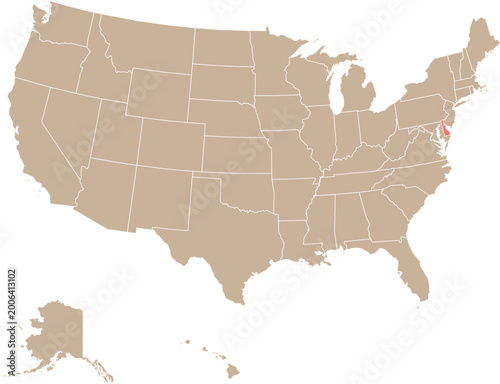 Schilderij op canvas State of Delaware Location Highlighted on Map of USA with Political State Boundaries Editable Design Cartographic Vector