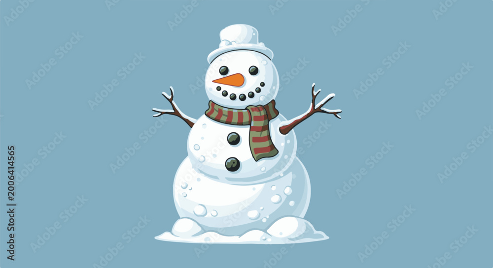 Fototapeta premium A cheerful snowman with a carrot nose, twig arms, and a striped scarf