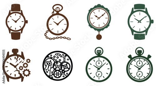 Foto Collection of Vintage and Modern Watch Icons Pocket Watch Stopwatch and Mechanis