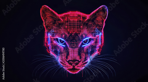 Cybernetic panther head with glowing blue eyes and neon circuitry design, showcasing blend of technology and nature