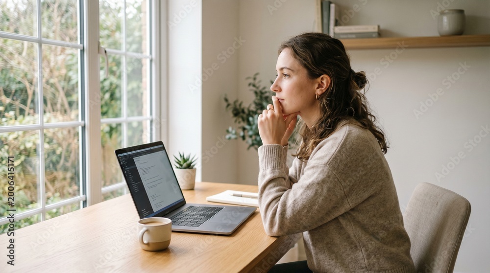Fototapeta premium Thoughtful Person Working on Laptop at Desk