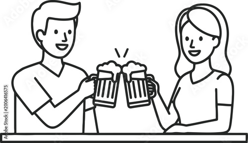 Fotografi Happy couple toasting with beer mugs, celebration and friendship, outline style, simple vector illustration