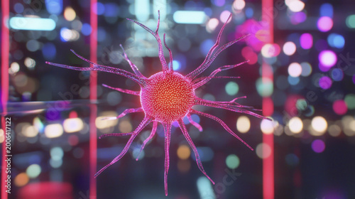 Glowing abstract representation of cell with vibrant colors and intricate details, evoking sense of wonder and curiosity