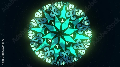 Intricate Teal Snowflake Pattern on Dark Background, Colorful Mandala, A symmetrical teal snowflake pattern radiating from the center against a dark background.