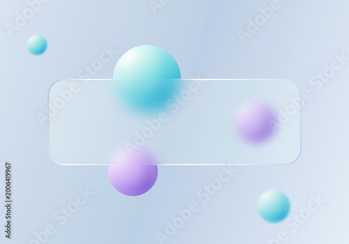 Glass morphing banner with translucent panel and soft gradient spheres