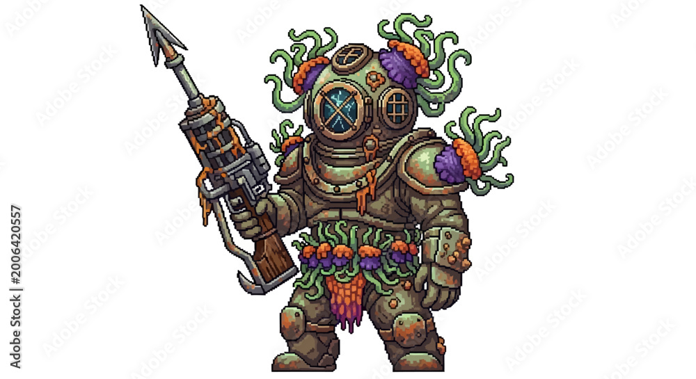 Fototapeta premium Steampunk Diver Holding Harpoon Gun Underwater Adventure Character.