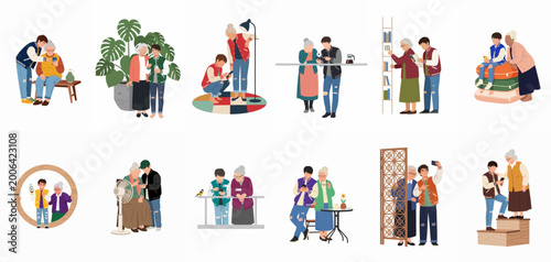 Tableau sur toile Grandson teaching grandmother how to use a smartphone in various daily life scenes, vector illustration collection of intergenerational bonding and digital learning