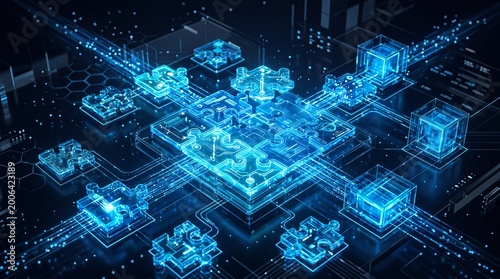 Futuristic digital puzzle interlocking blue API integration concept. Futuristic digital circuit board design with glowing elements and data connections.