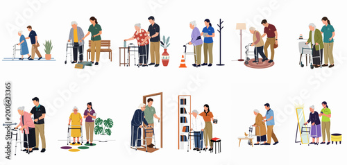 Bild auf Leinwand Set of flat vector illustrations showing caregivers and nurses assisting elderly seniors with walking frames in various home and medical rehabilitation settings