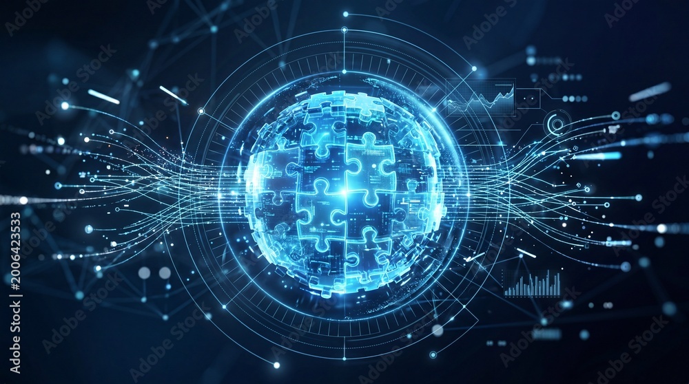 Fototapeta premium Futuristic digital puzzle interlocking blue API integration concept. Futuristic digital globe with interconnected lines and puzzle patterns symbolizing data.