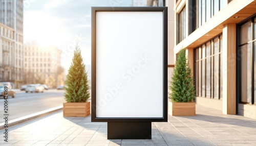 A blank vertical billboard stands on a sunny urban sidewalk with modern buildings and potted plants in the background.