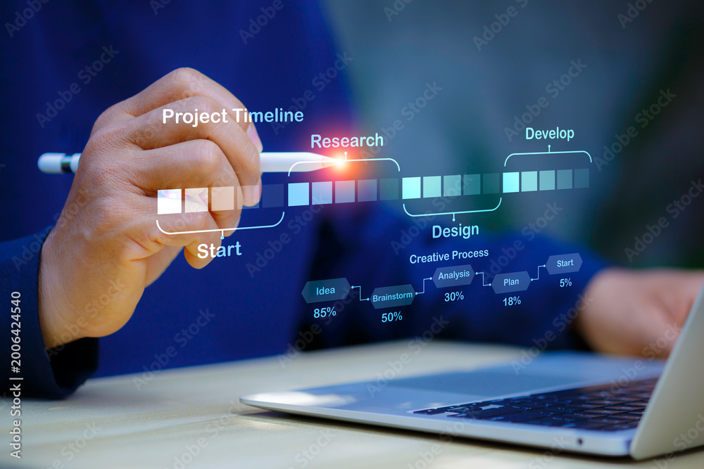 Fototapeta premium Creative workflow concepts, along with digital strategies, brainstorming, analysis, planning, and innovation initiation using a virtual screen.