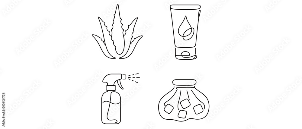 Naklejka premium Sunburn Relief Vector Icon Set featuring Aloe Vera Leaf, Gel Tube, Spray Bottle, and Ice Pack. Collection of 4 Minimalist One Line Icons with Editable Stroke for Skincare and First Aid.