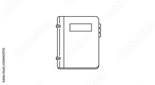Line art illustration of a notebook or diary with tabs on the side for organization and a label area on the front cover.