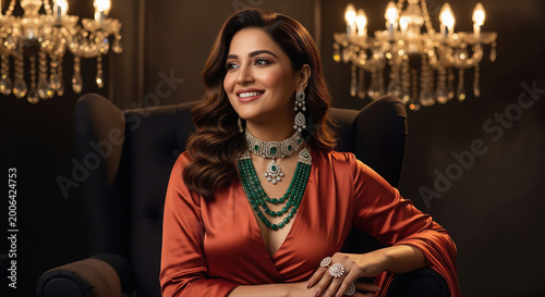 Elegant Indian Woman Adorned with Exquisite Emerald and Diamond Jewelry