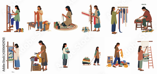 Tableau sur toile Set of Maya women engaged in traditional textile crafts, including weaving on looms, spinning yarn, and sewing fabrics, showcasing indigenous artistry and heritage