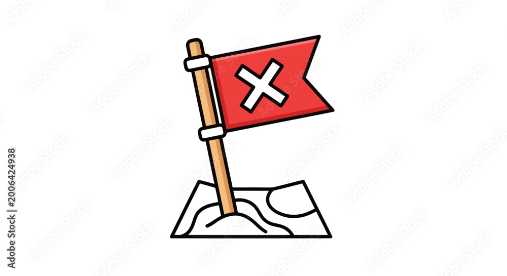 Fototapeta premium Red flag with cross mark on map, marking destination or error, vector illustration