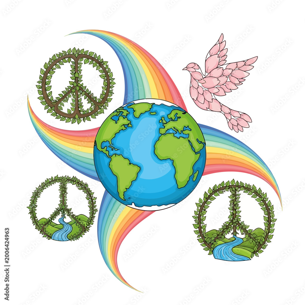 Obraz premium Earth Represents Peace and Nature with Rainbow and Dove Illustrations