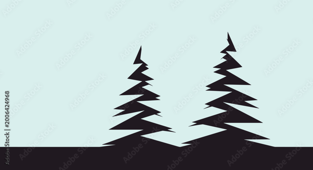 Fototapeta premium Silhouette of two stylized pine trees standing on a flat horizon line against a pale blue sky in a minimalist landscape composition.