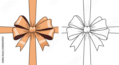 Decorative gift ribbon bow is presented in both a soft peach color and a simple line art version for festive packaging and card design.