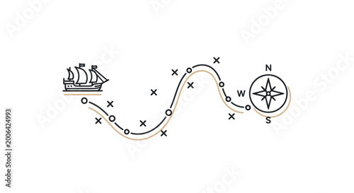Tableau sur toile Sailing ship on wavy path with compass, illustrating journey and navigation