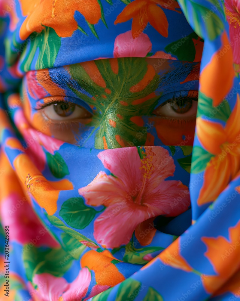 Fototapeta premium Close-up portrait of a woman with floral face paint and vibrant headscarf, showcasing intricate patterns and colors against a blurred background