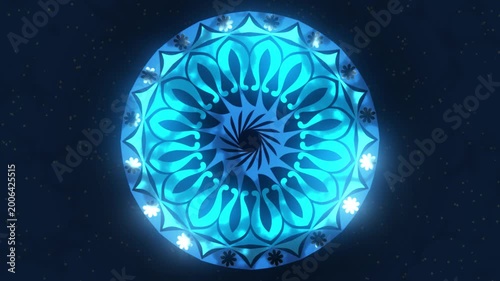 Glowing Blue Mandala on a Dark Background, Colorful Mandala, A vibrant blue mandala design with a glowing effect centered against a dark background.
