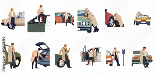 Photos Collection of flat vector illustrations of a classic detective character in a trench coat and deerstalker hat investigating various cars