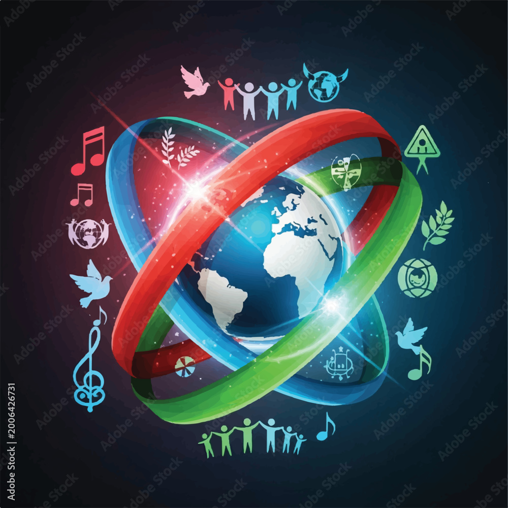 Naklejka premium Global Earth with Interconnected Rings Symbolizing Unity, Technology, Nature, and Culture Across Humanity.