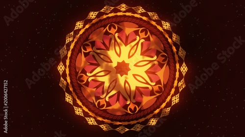 Fiery Orange and Yellow Animated Mandala, Colorful Mandala, A vibrant orange and yellow mandala design set against a dark space background.