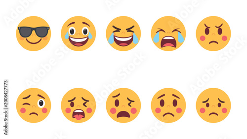Valokuva Emoji Expression Array: A curated collection of diverse yellow emoji conveying a spectrum of human emotion, from elation to sorrow, perfect for illustrating any state of mind