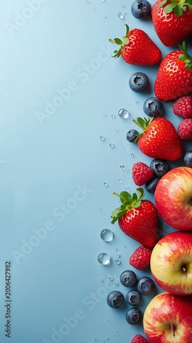 Vertical banner, wallpaper for social media of fresh fruit poster featuring strawberries as the main subject, with blueberries, apples, and raspberries as supporting fruits, arranged