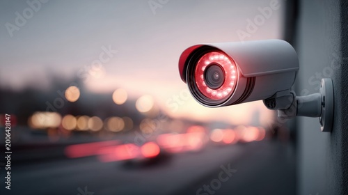 Security camera with red lights mounted on a wall overlooking a street