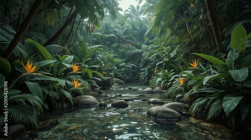 A hyperrealistic lush tropical rainforest with dense layers of exotic plants, large ferns, orchids, and bird of paradise flowers in rich, vibrant green tones. A clear, gently flowing natural stream