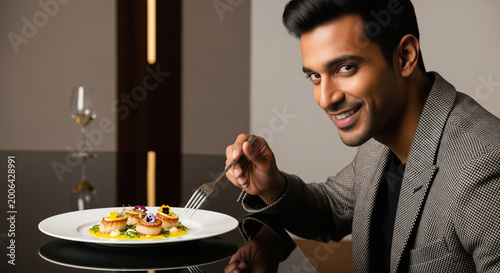 Smiling Man Enjoys Gourmet Scallops in Upscale Restaurant Setting