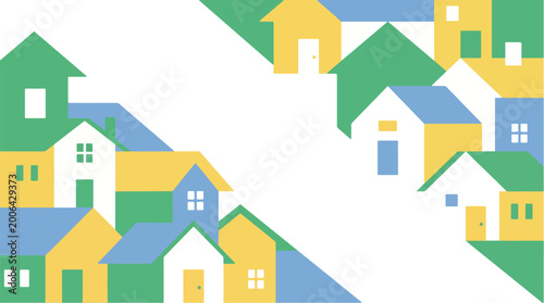 A colorful, abstract illustration depicting a dense community of houses in green, yellow, and blue, forming a vibrant neighborhood pattern.