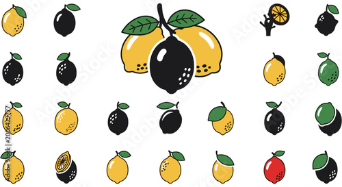 Colorful cartoon fruits in playful chaotic arrangement for food illustration