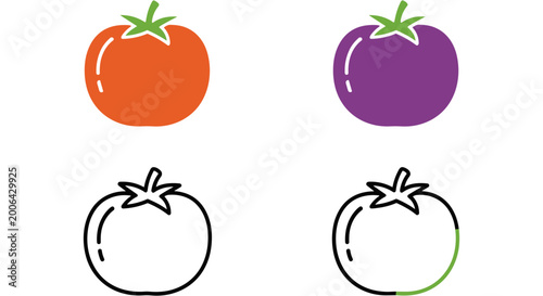 Colorful tomatoes in different styles for food branding and advertising in vibrant and minimalist illustration